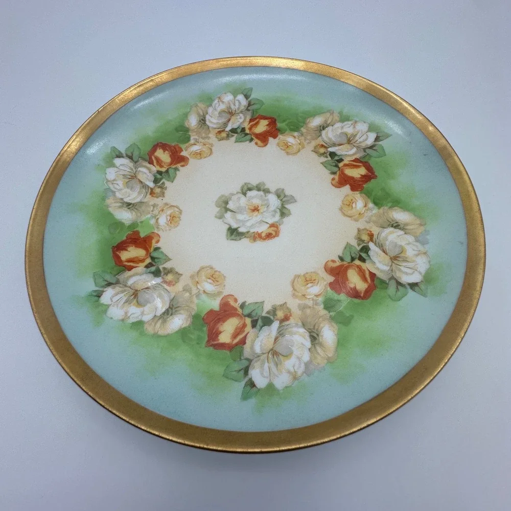 Limoges Coronet France Hand Painted Floral Roses Cabinet Plate Gold Gilt 8.5